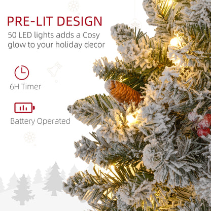 24" Christmas Front Door Wreath with Lights Flocked Christmas Wreath with Pine Cones and Berries for Windows Green