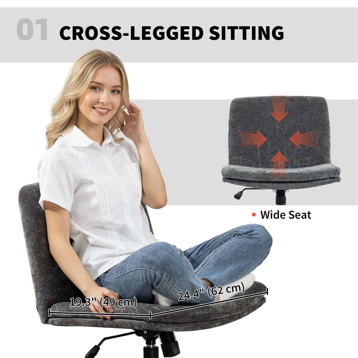Criss Cross Chair with Wheels, Wide Office Chair with No Arms, Adjustable Height, Tilting, Beige