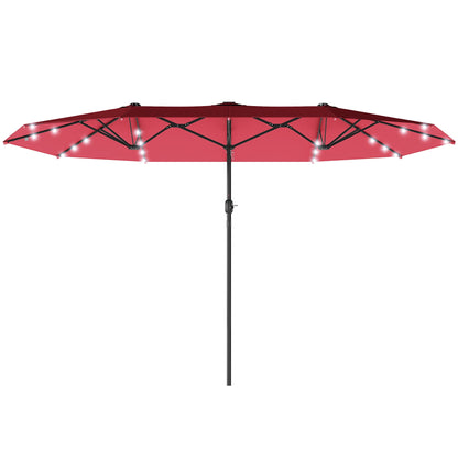 174" Double-Sided Sun Umbrella Garden Parasol Patio Sun Shade Outdoor with LED Solar Light, Khaki