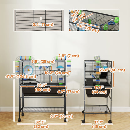 3 Tier Rolling Hamster Cage with 7" Deep Tray, Storage Shelf, Big Exercise Wheel, Tube System, for Syrian, Gerbil, Rat