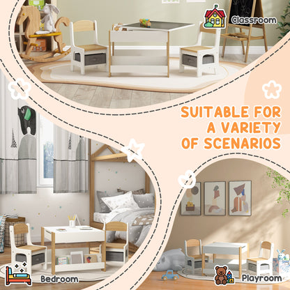 3 Piece Kids Table and Chair Set with Reversible Tabletop, Blackboard, Storage, Bookshelf, for Playroom, Nursery, Grey