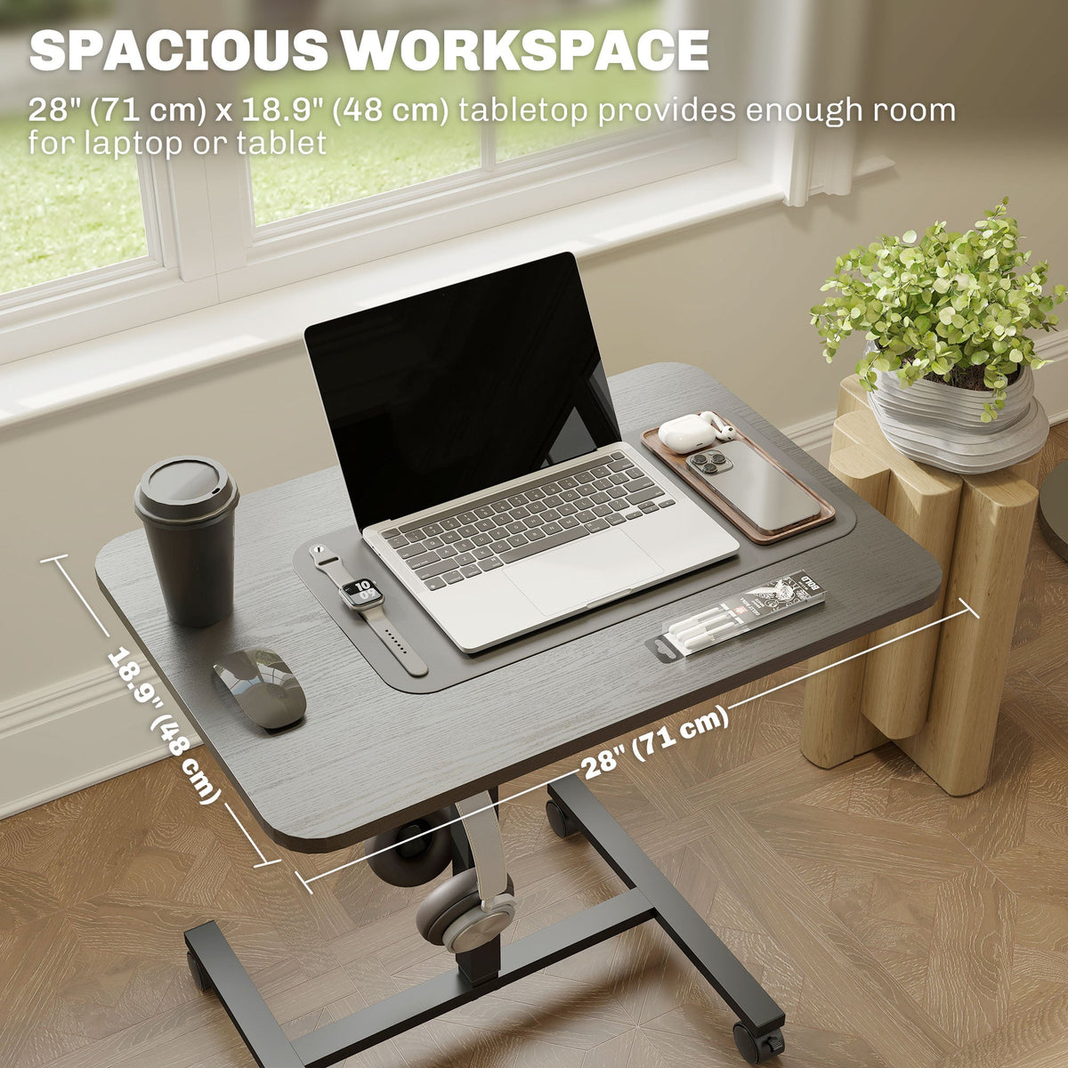 Height Adjustable Standing Desk, Pneumatic Sit Stand Desk with Wheels and Headphone Hook, Grey Wood Grain