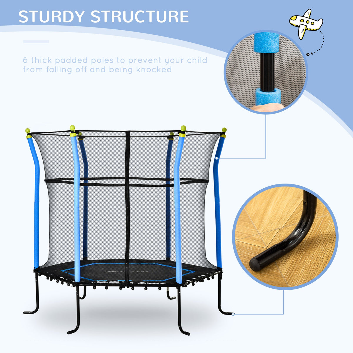 63" Kids Trampoline Mini Indoor Bouncer Jumper with Enclosure Net Elastic Thick Padded Pole Gift for Child Toddler Age 3-6 Years Old Blue