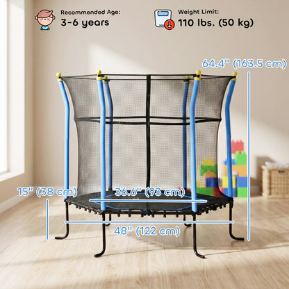63" Kids Trampoline Mini Indoor Bouncer Jumper with Enclosure Net Elastic Thick Padded Pole Gift for Child Toddler Age 3-6 Years Old Blue