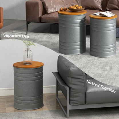 Round Side Table Set of 2, Nesting Coffee Tables w/ Wooden Lid, Metal Frame and Hidden Storage Space for Bedroom, Black