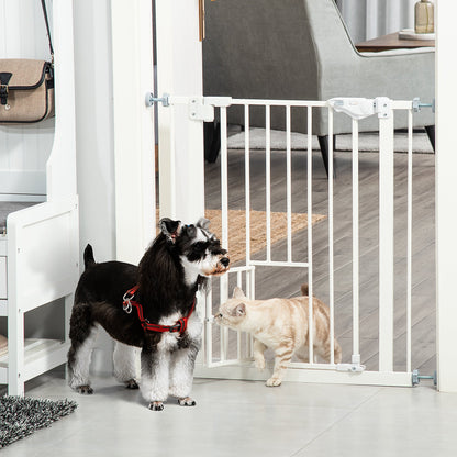 Retractable Gate Extra Wide Press-Mounted with Cat Door, Auto Closing Pet Gate for Stair, Hallway, 29-32 Inch