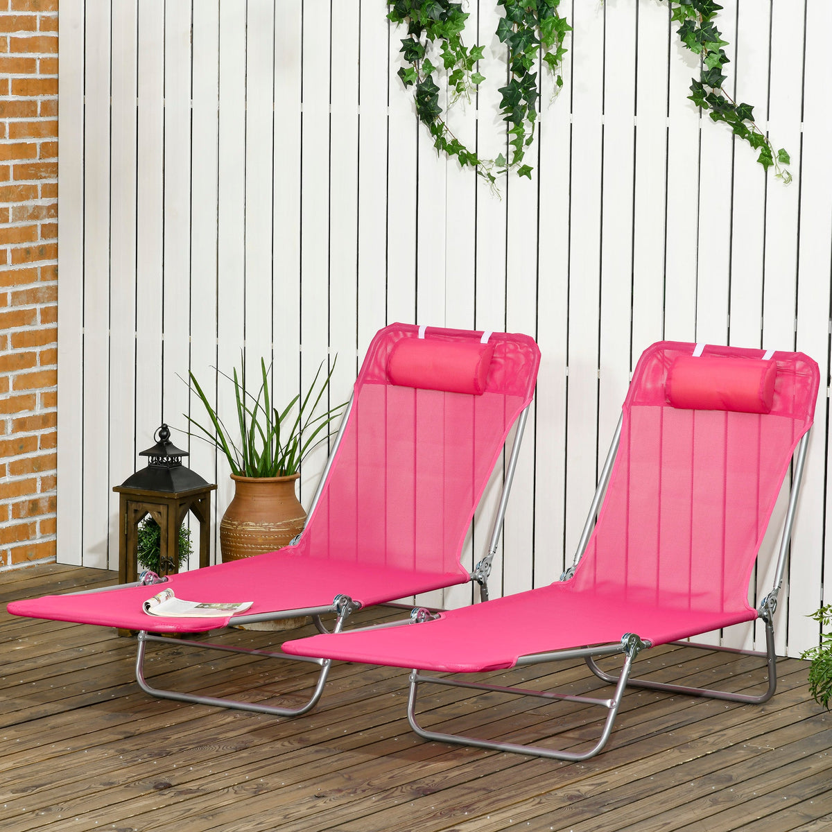 Set of 2 Folding Chaise Lounge Chairs, Outdoor Poolside Sun Tanning Chairs w/ Pillow, Reclining Backrest, Blue