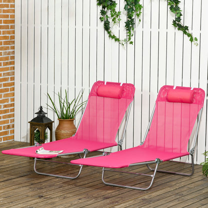 Set of 2 Folding Chaise Lounge Chairs, Outdoor Poolside Sun Tanning Chairs w/ Pillow, Reclining Backrest, Blue