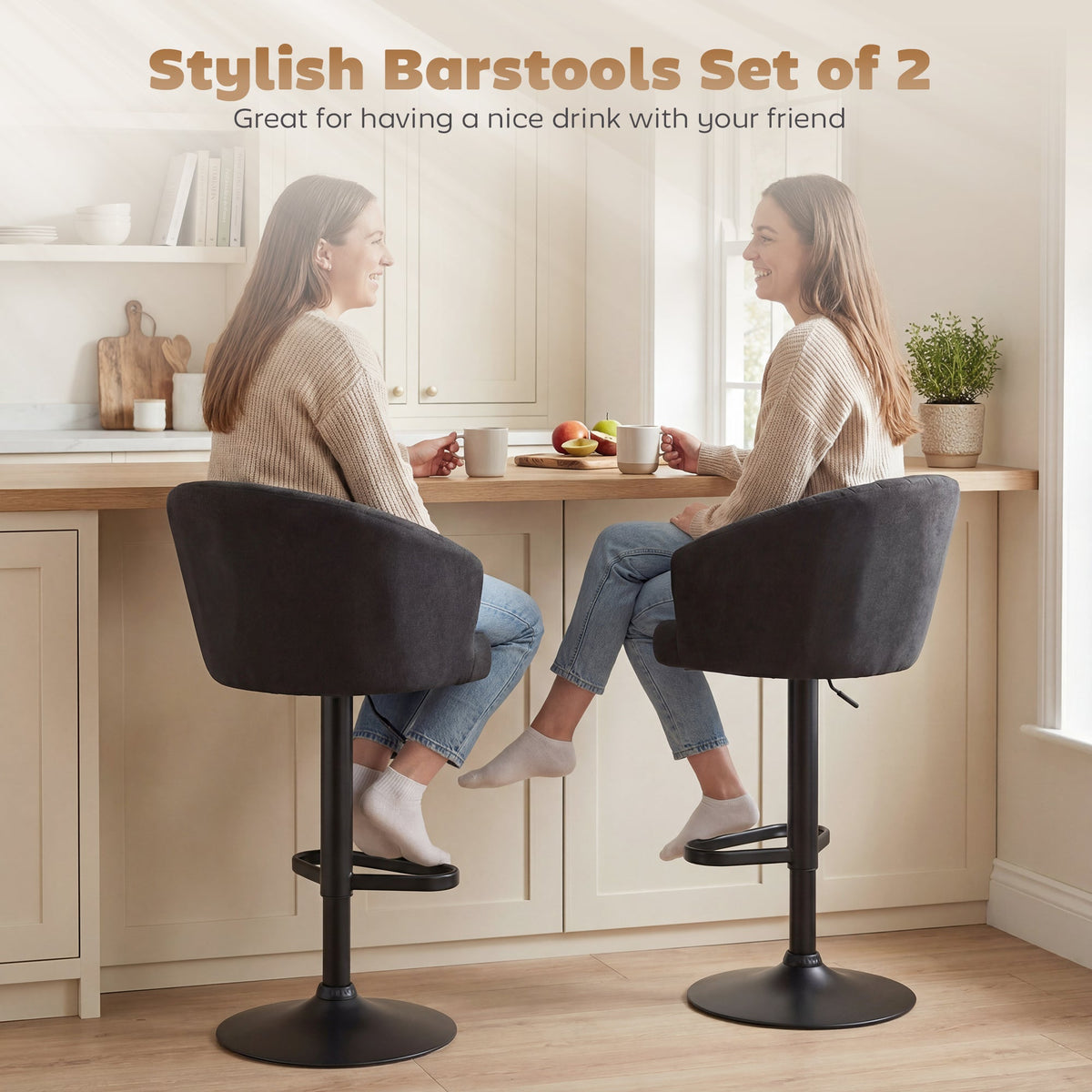 Bar Stools Set of 2, Swivel Counter Height Barstools with Back, Footrest, Adjustable Height, Beige