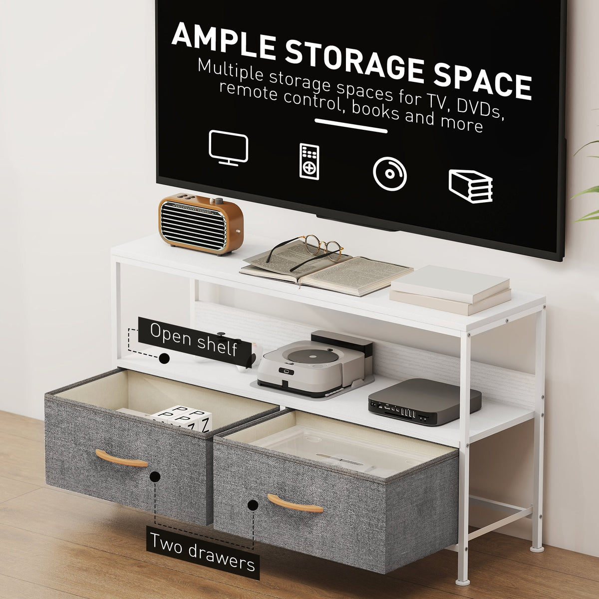 TV Stand with Charging Station, TV Table with 2 Foldable Linen Drawers and Open Shelf for 47 Inch Television, Black