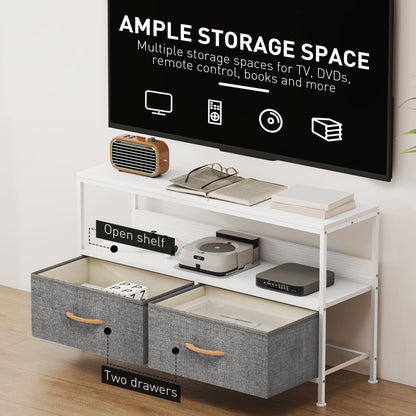 TV Stand with Charging Station, TV Table with 2 Foldable Linen Drawers and Open Shelf for 47 Inch Television, Black
