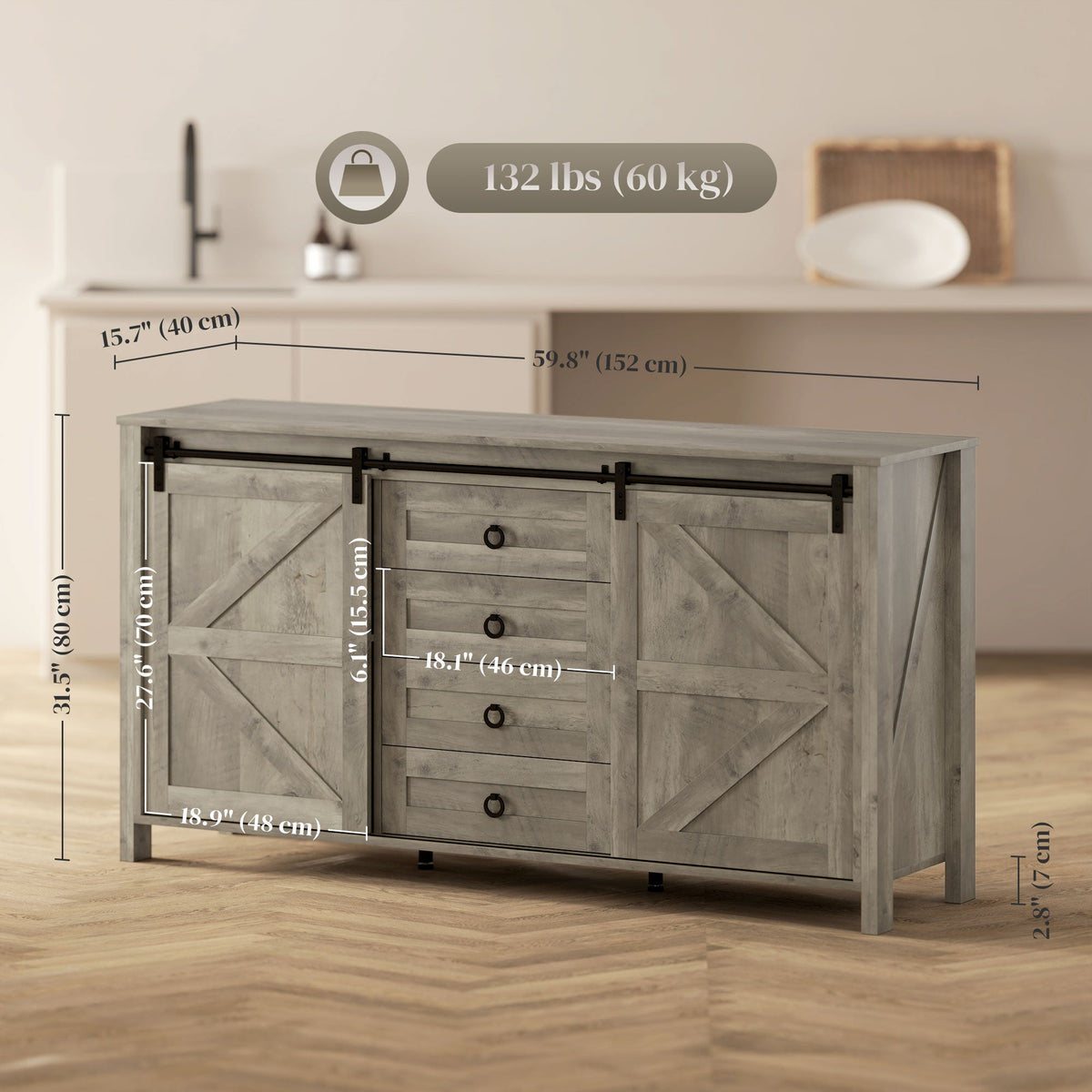 60" Buffet Cabinet, Farmhouse Sideboard with Sliding Barn Doors, Drawers and Adjustable Shelves, Cream White