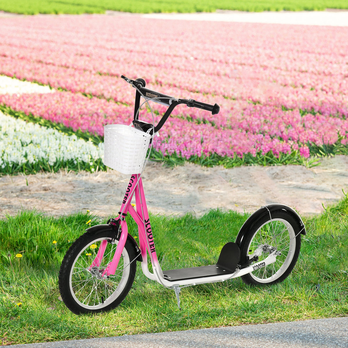 Kick Scooter with Adjustable Handlebar, Kids Scooter with 2 Brakes Basket Cupholder 16" Inflatable Rubber Tyres Orange