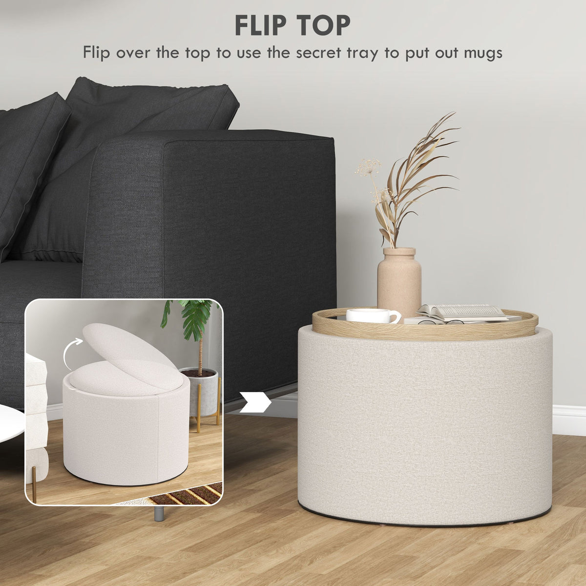 Round Coffee Table, End Table with Hidden Storage and Tray Top, Linen Upholstered Footrest for Living Room