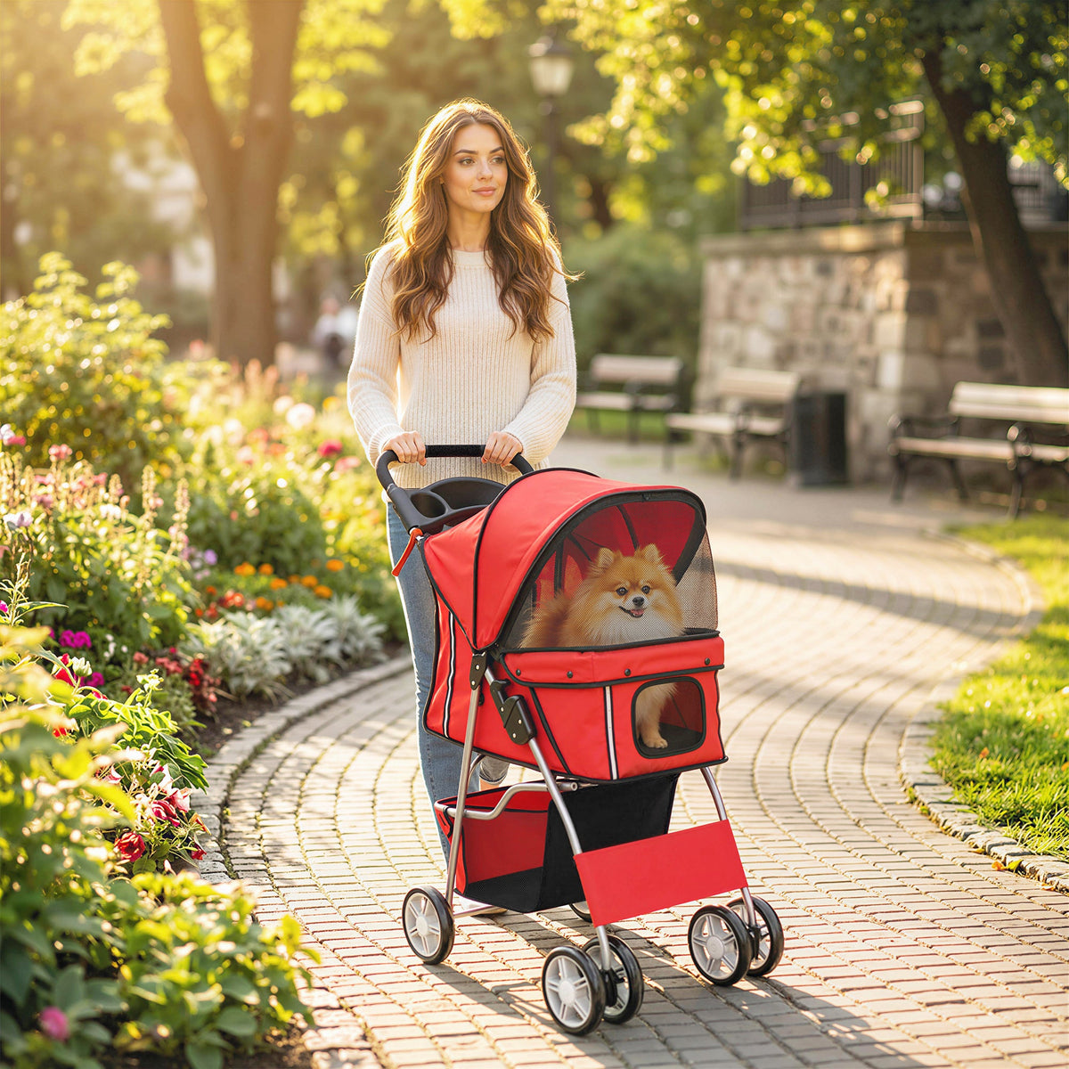 Pet Stroller with Reflective Strips, Foldable Cat Stroller with 360° Swivel Wheels for Small Dogs and Cats, Blue