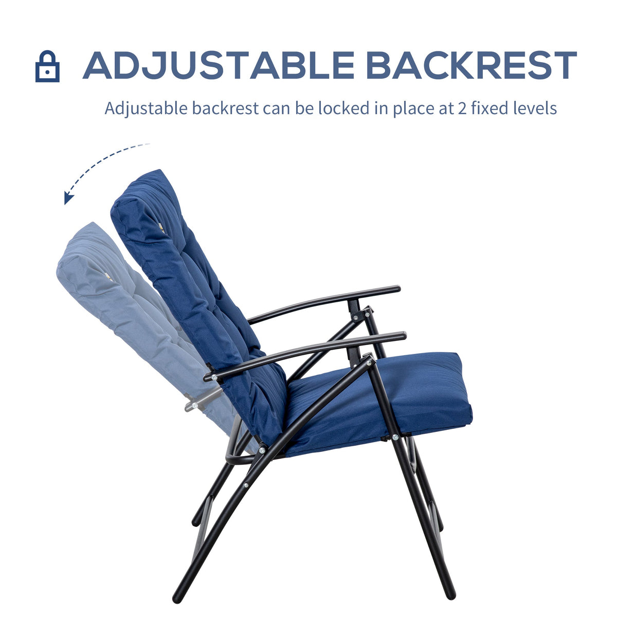 Foldable Lounge Chair, Fabric Upholstered Recliner, Outdoor Lounger with Armrest, Metal Frame for Backyard, Black