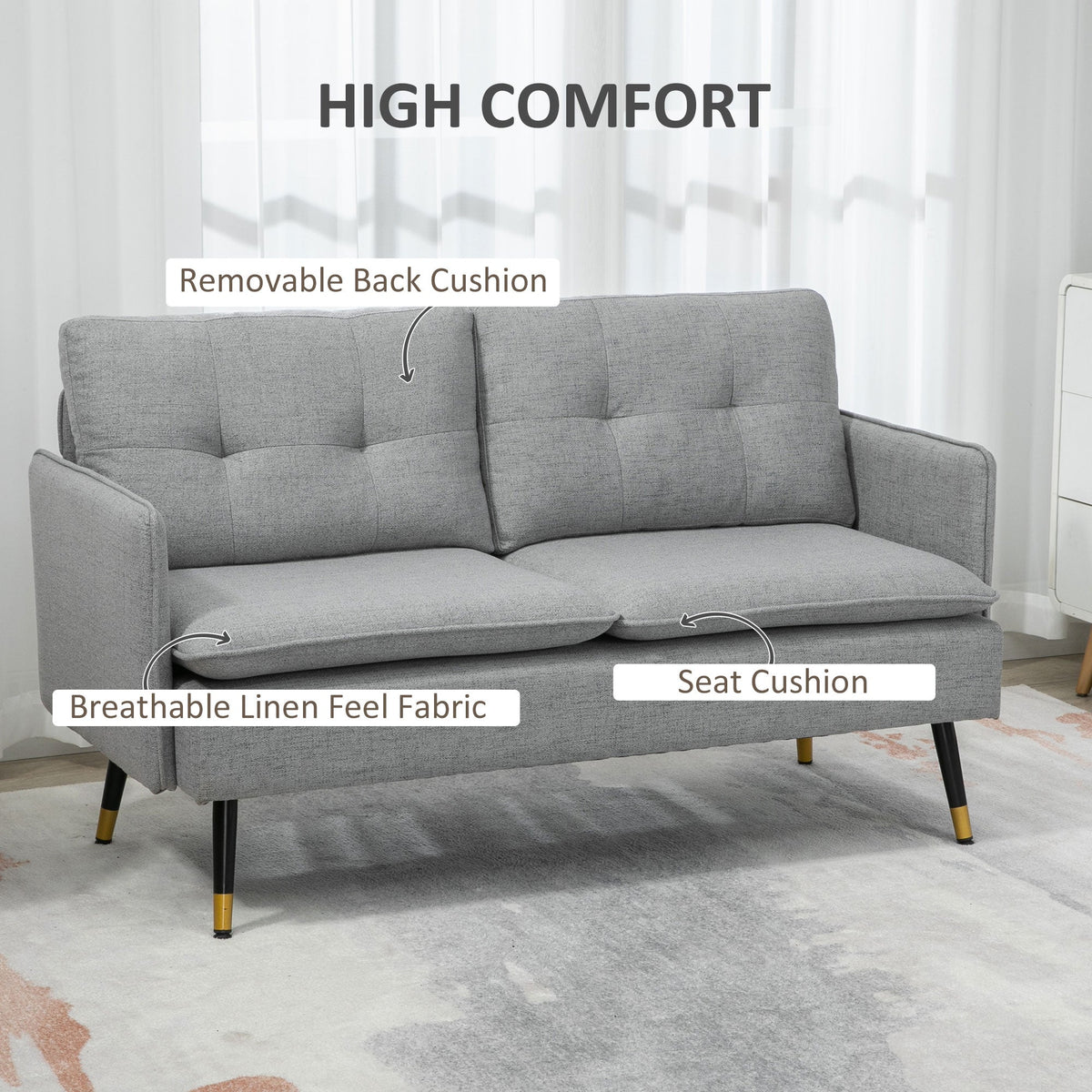 55" Loveseat Sofa, Linen Love Seat w/ S spring, Steel Legs and Button Tufting, Small Couch for Living Room, Dark Grey