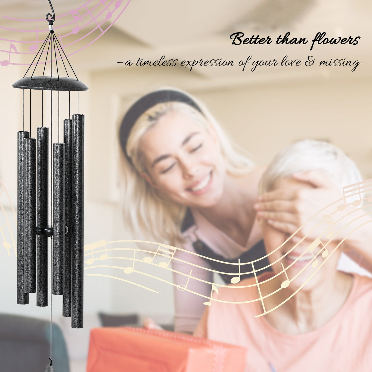 45" Wind Chimes Outdoor Deep Tone Wind Chime with 6 Aluminum Tubes and Hook for Patio, Yard, Garden Decor, Dark Grey