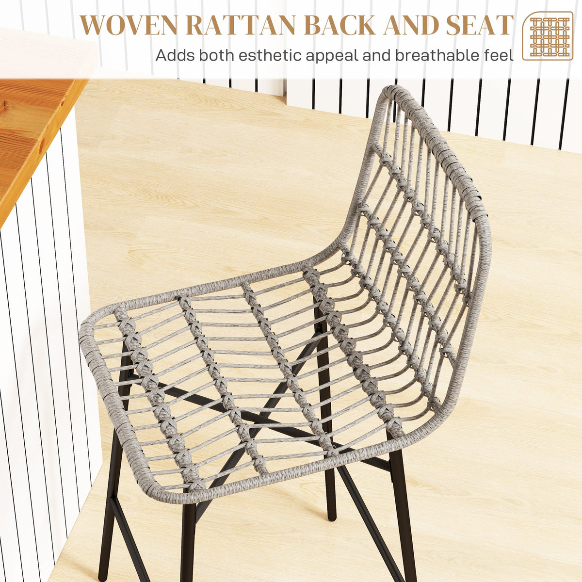 Rattan Counter Height Bar Stools Set of 2, 26" Counter Stools with Back, Modern Bar Chairs for Kitchen Island, Grey