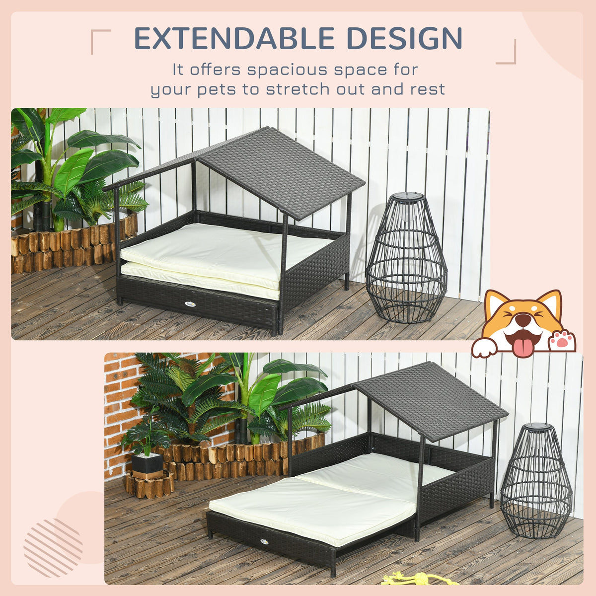 Rattan Dog House with Canopy, Wicker Dog Bed with Water-Resistant Cushion, for Small and Medium Breeds Blue