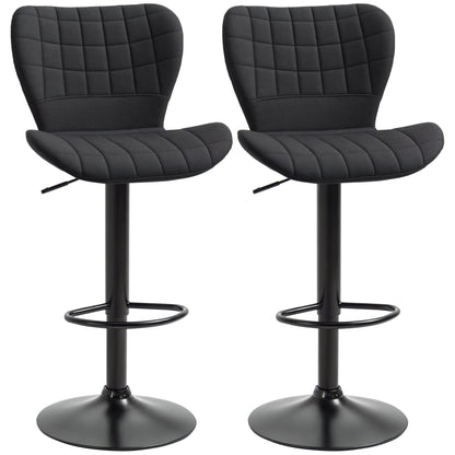 Bar Stools Set of 2, Adjustable Height Swivel Bar Chairs, Linen-feel Fabric Upholstered Kitchen Counter Stools with Wide Seat, Back and Footrest, Black