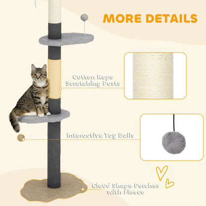 88.5"-100.5" Floor to Ceiling Cat Tree, Cat Tower with Scratching Posts, Cloud Shaped Platforms, Dangling Balls, Cream