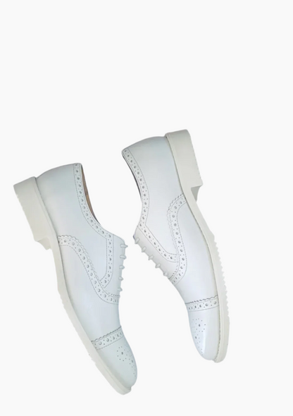 OHM Cap Toe Oxford Perforated Brogue Executive Leather Shoes White