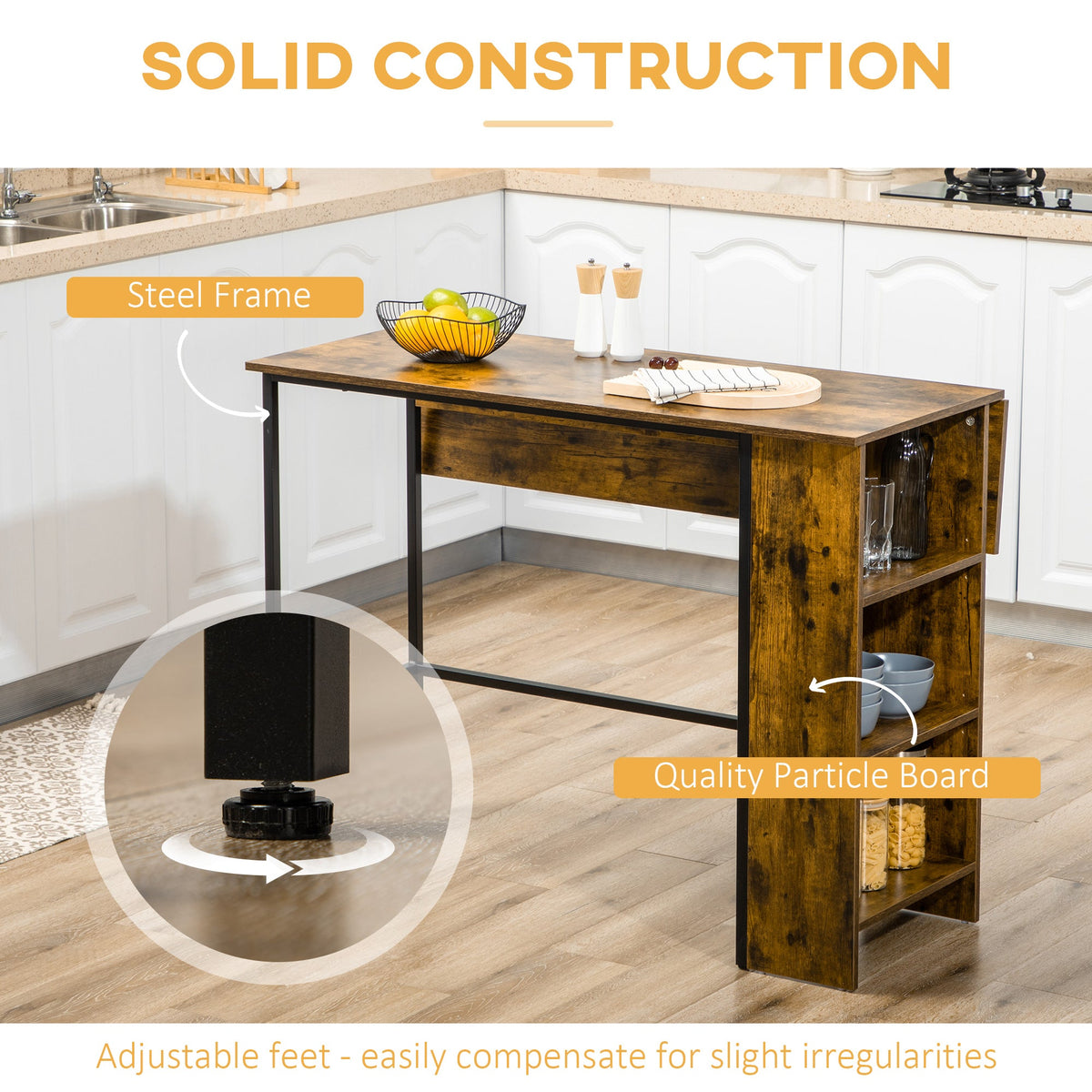 Counter Height Table with Drop Leaf, Extendable Bar Table with Adjustable Storage Shelf, Light Grey