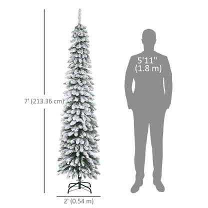 6 Ft Snow-Flocked Artificial Christmas Tree, Slim Pencil Xmas Tree with Realistic Branches, Metal Base, Green