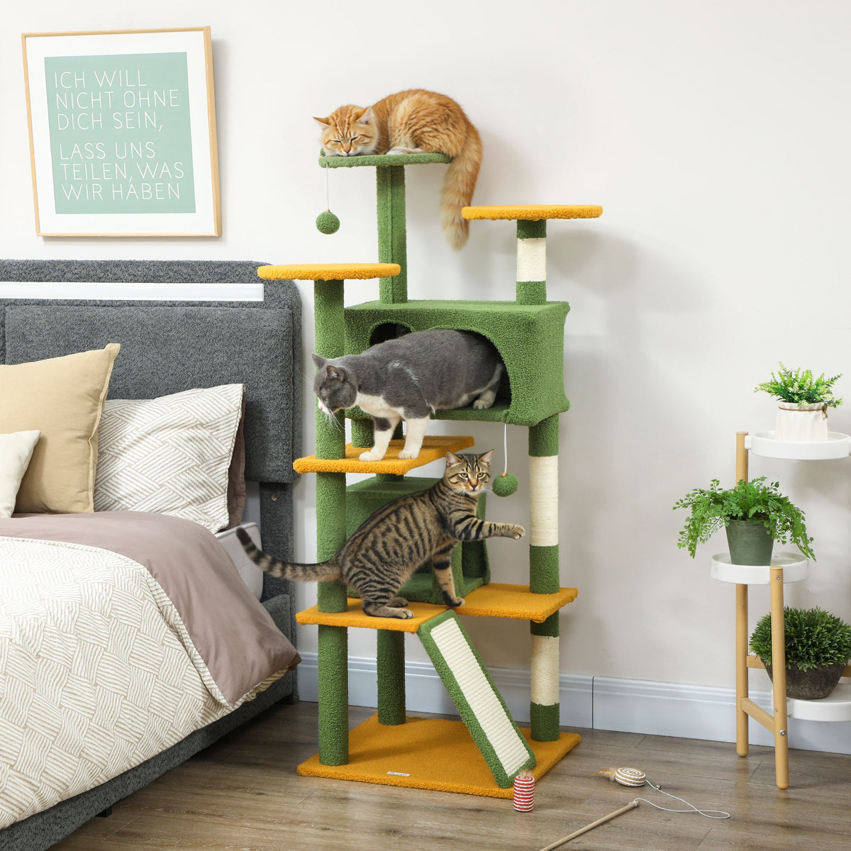 54" Cat Tree, Multi-Level Cat Tower with Scratching Posts, Cat Condos, Bed, Platforms, Ramp, Toy Ball, Beige