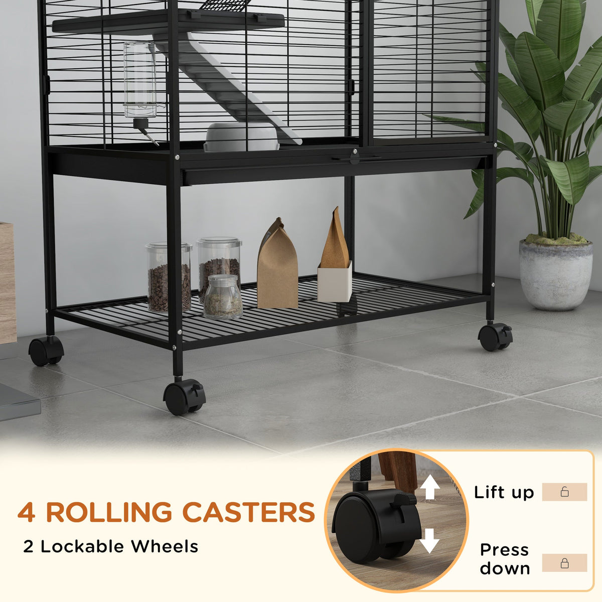 Rolling Small Animal Cage 34"H Chinchilla Cage for Ferrets, Squirrels w/ Removable Tray, Storage Shelf, Black