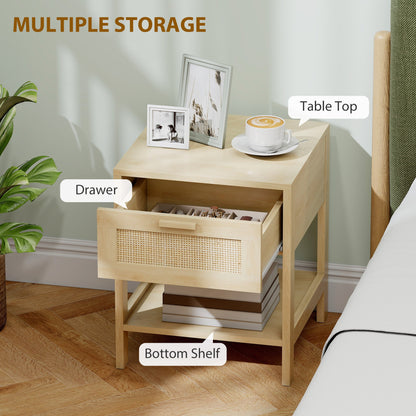 Narrow Nightstand with Rattan Elements, Bedside Table with Drawer and Storage Shelf for Bedroom, Natural
