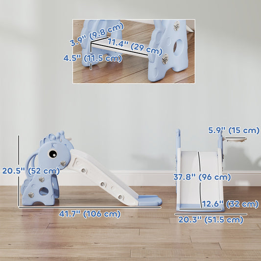 3 in 1 Toddler Slide for Age 1-3, Kids Slide with Climber, Basketball Hoop and Ball, Giraffe Design, Blue