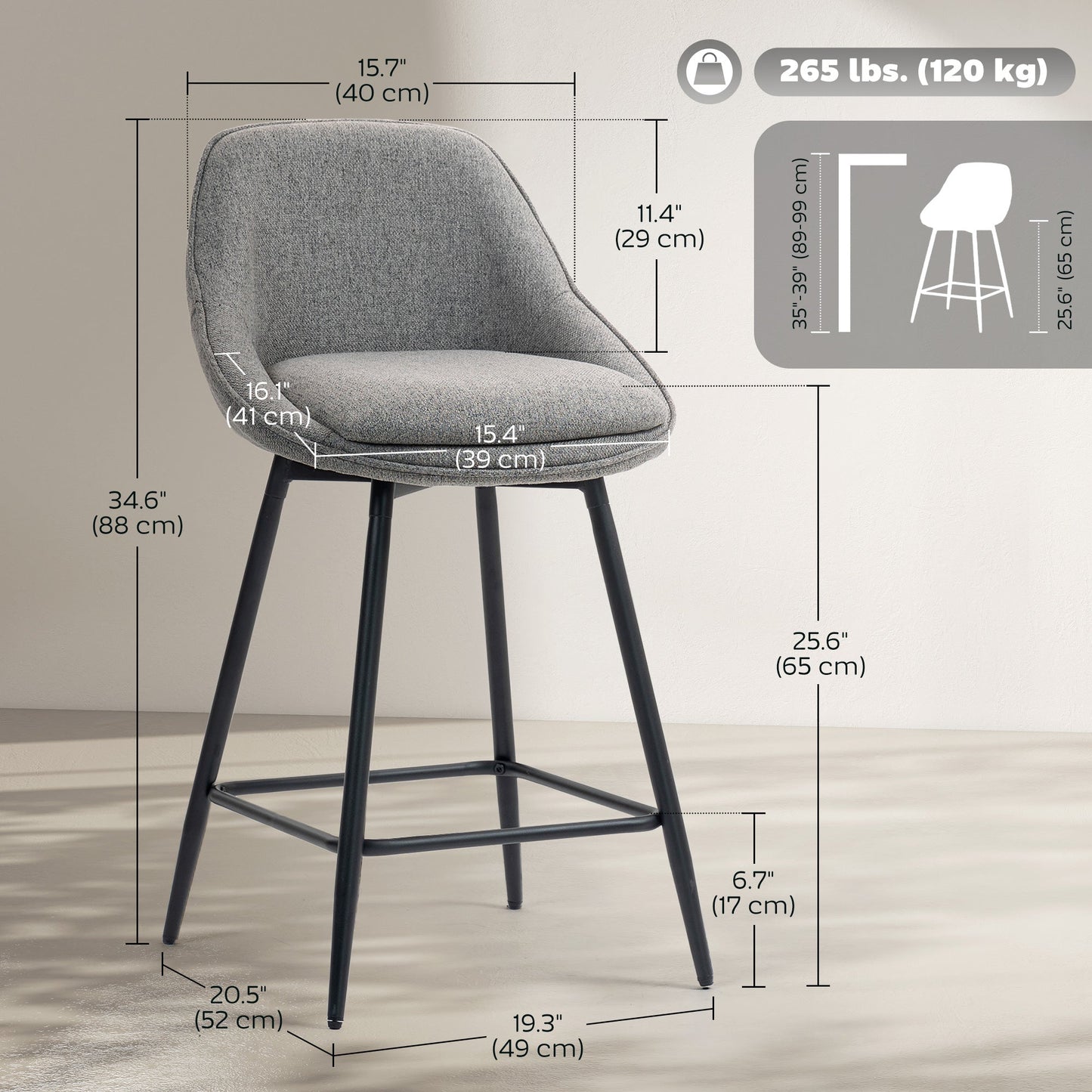 Reece 26" Counter Height Stools with Swivel and Backrest-Set of 2-Dark Grey