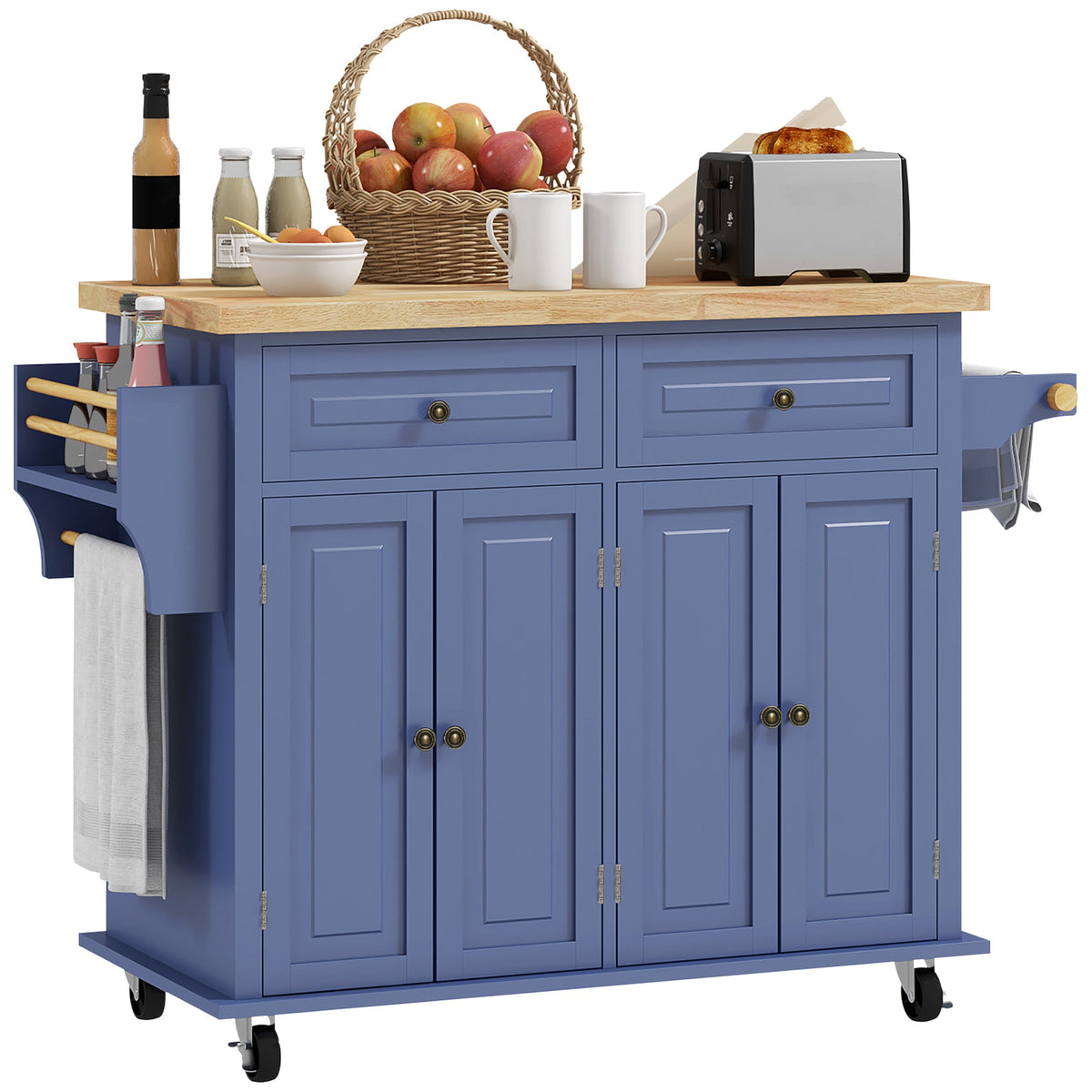 Kitchen Island with Storage, Rolling Trolley Cart with Rubber Wood Top, Spice Rack, Towel Rack, Brown Oak