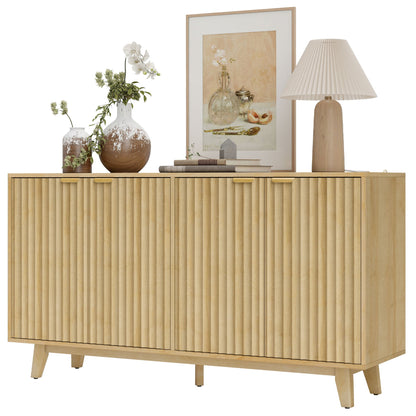 Fluted Sideboard Buffet Cabinet, 55" Coffee Bar Cabinet with 4 Doors, 2 Adjustable Shelves, 5 Wood Legs, Nature Wood