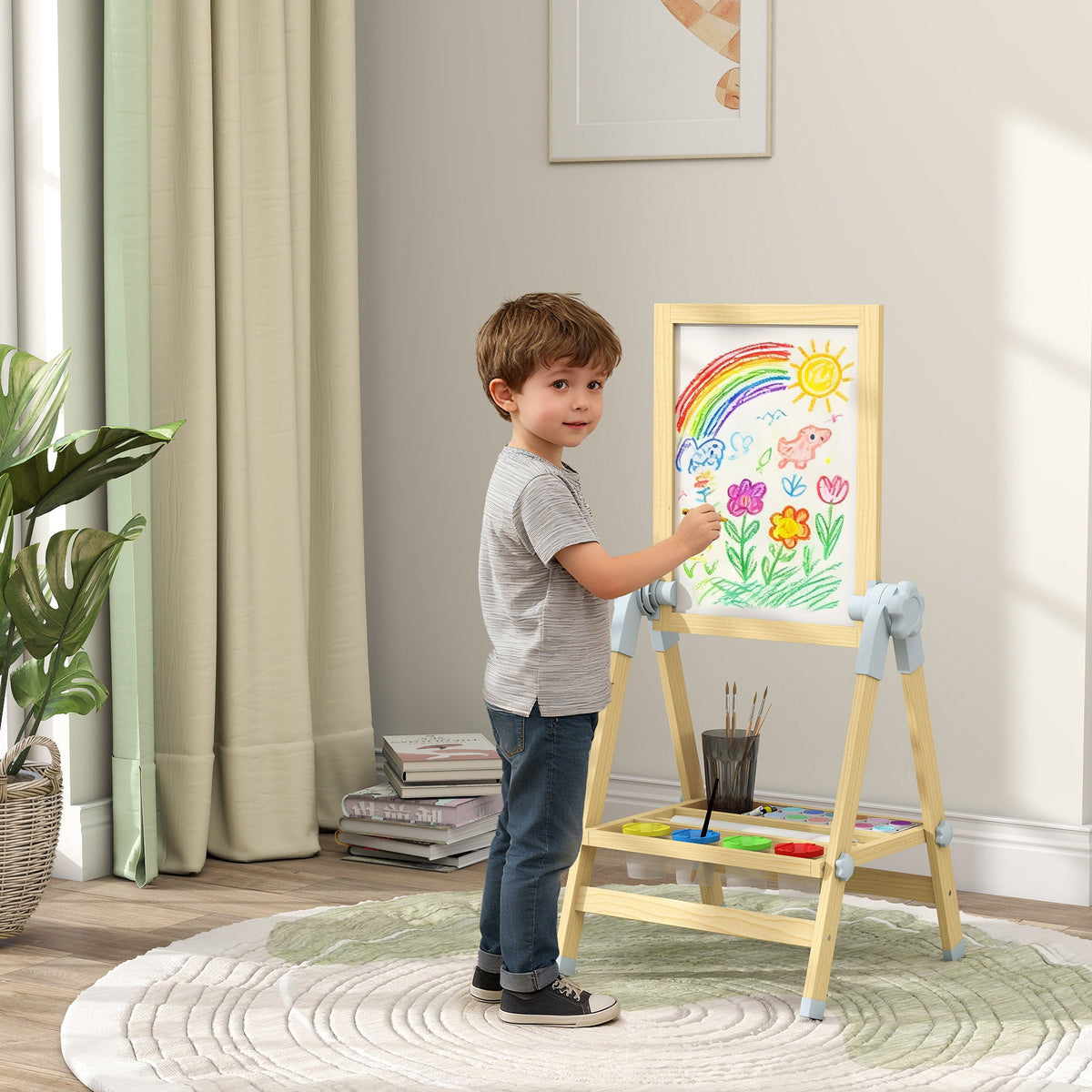 Wooden Art Easel, Double Sided Kids Easel with Height Adjustable Chalkboard and Magnetic Whiteboard, Natural