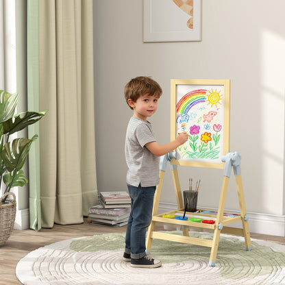 Wooden Art Easel, Double Sided Kids Easel with Height Adjustable Chalkboard and Magnetic Whiteboard, Natural