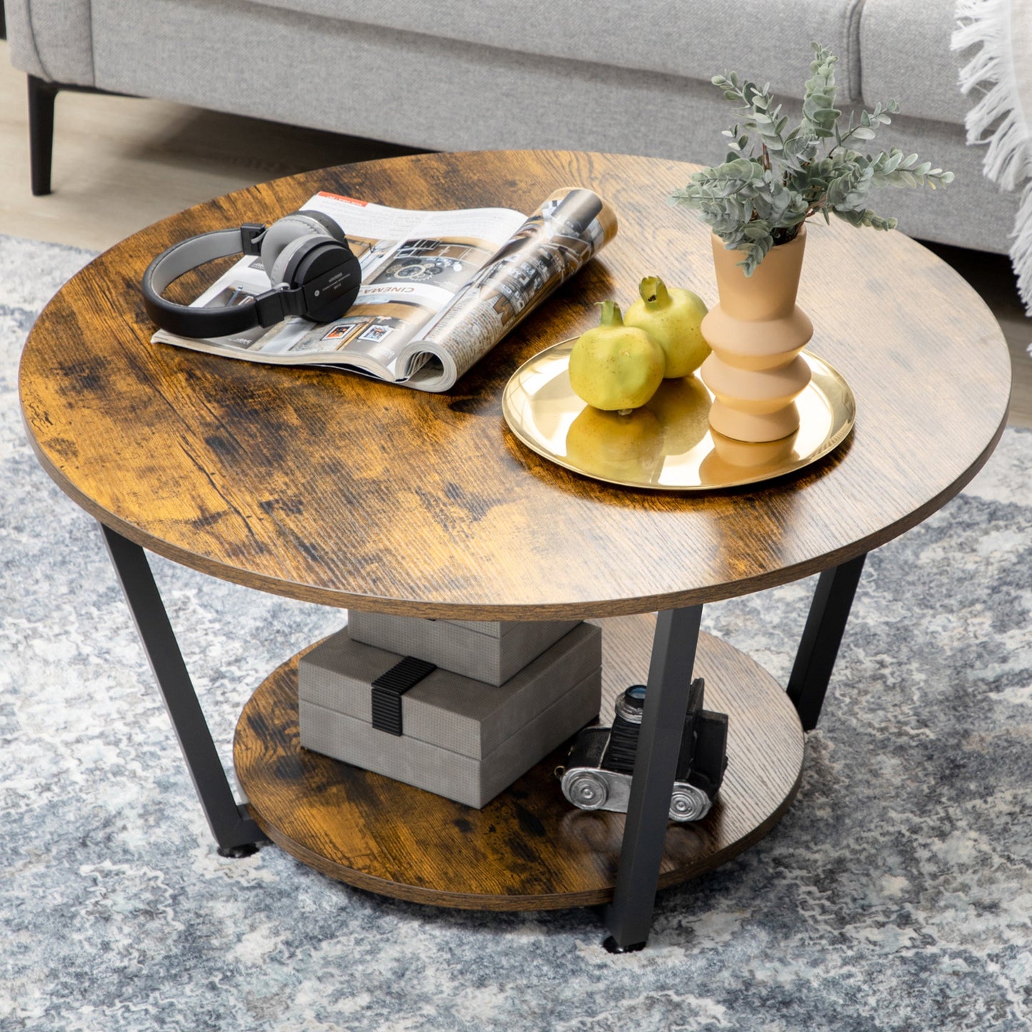 Matt Round Coffee Table with Storage Shelf-Rustic Brown