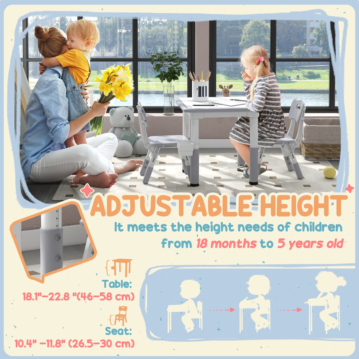 3 Pieces Toddler Table and Chair Set, Height Adjustable Kids Table and Chair Set w/ Storage, for Playroom Grey
