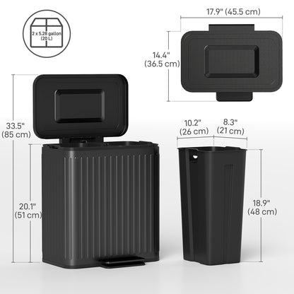 Trash Can, 2 x 5.3 Gallon (2 x 20 L) Garbage Can with Soft-Close Lid, Removable Inner Buckets for Kitchen Home Office