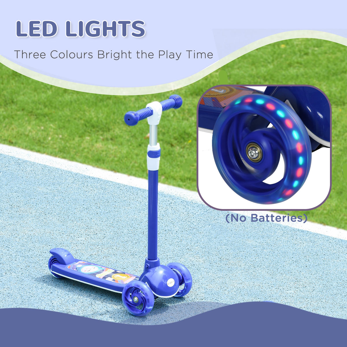 3 Wheel Kids Scooter, Toddler Kick Scooter with Adjustable Height, Rear-Fender Brake, LED Light, TPE Handlebar, Blue