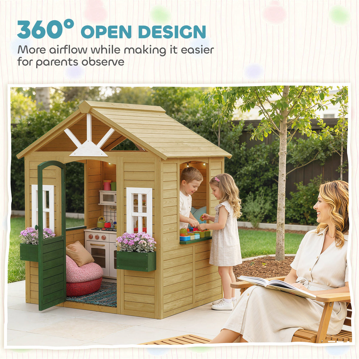 Outdoor Playhouse, Wooden Kids Playhouse with Door, 3 Windows, 2 Flower Boxes for Garden, Indoor Playroom, Ages 3–8