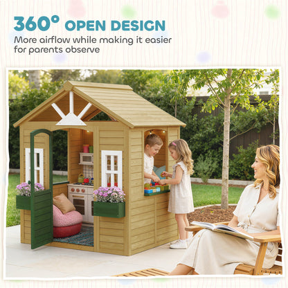 Outdoor Playhouse, Wooden Kids Playhouse with Door, 3 Windows, 2 Flower Boxes for Garden, Indoor Playroom, Ages 3–8