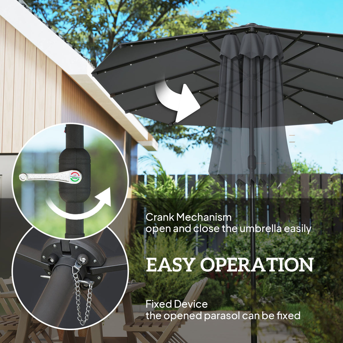174" Double-Sided Sun Umbrella Garden Parasol Patio Sun Shade Outdoor with LED Solar Light, Khaki