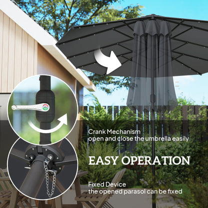 174" Double-Sided Sun Umbrella Garden Parasol Patio Sun Shade Outdoor with LED Solar Light, Khaki