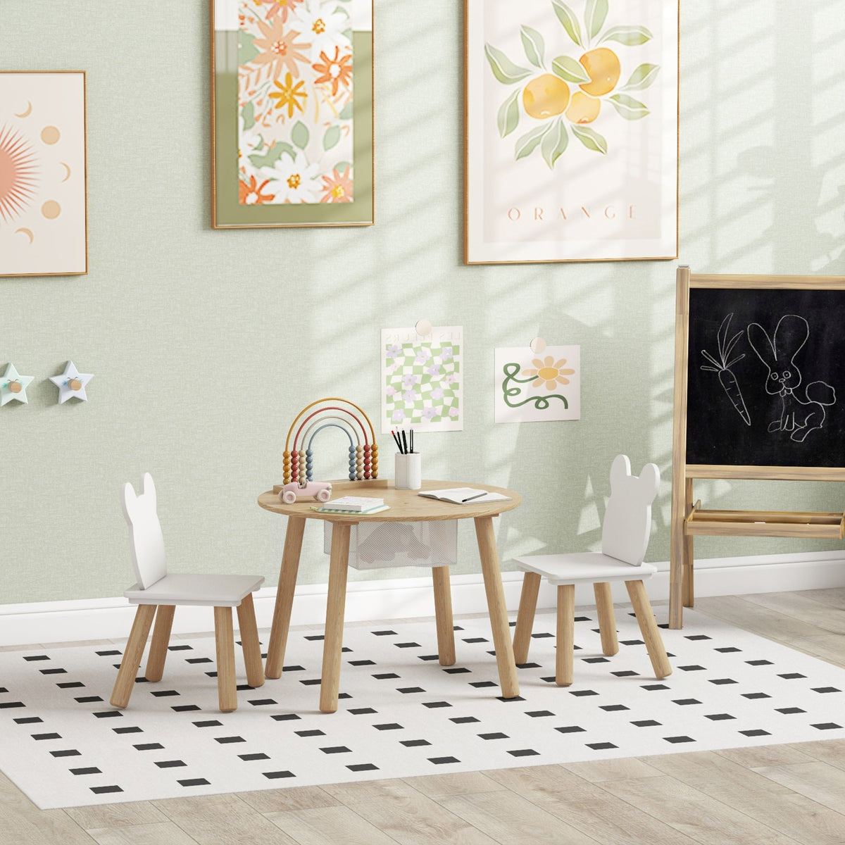 3 Pieces Kids Table and Chair Set, Activity Table and Chair Set with Bear-Shaped Chairs, Mesh Bag