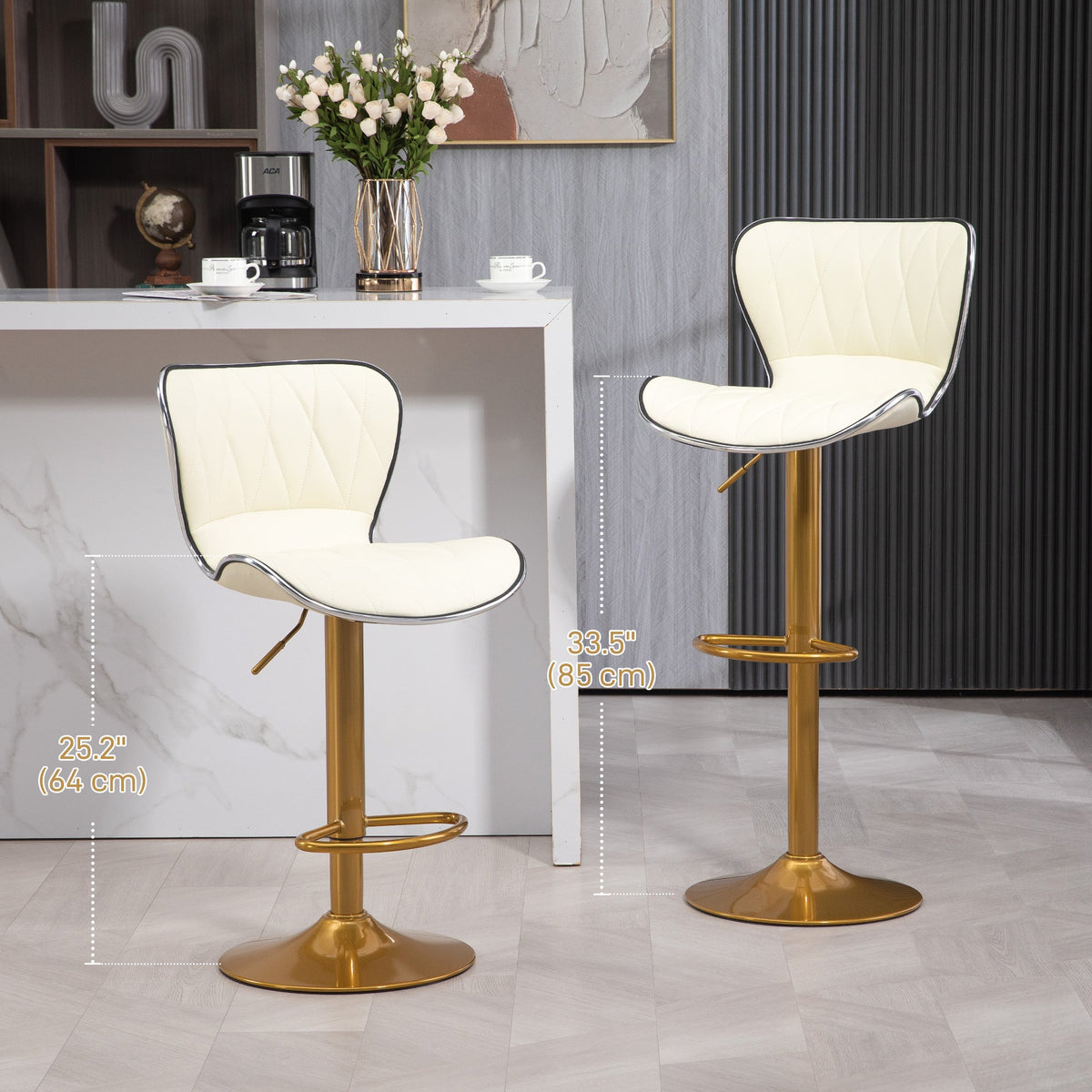 Maxi Counter Height Bar Stools Set of 2-Adjustable Height and Swivel Seat-White/Gold