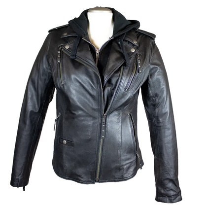 Open Road Women's Hooded Classic Leather Motorcycle Jacket