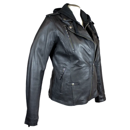 Open Road Women's Hooded Classic Leather Motorcycle Jacket